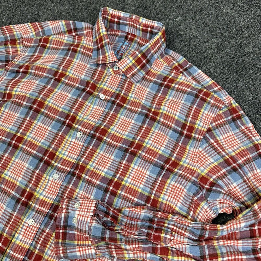 J McLaughlin Linen Shirt Mens XL Red Blue Plaid Gramercy Button Up Casual